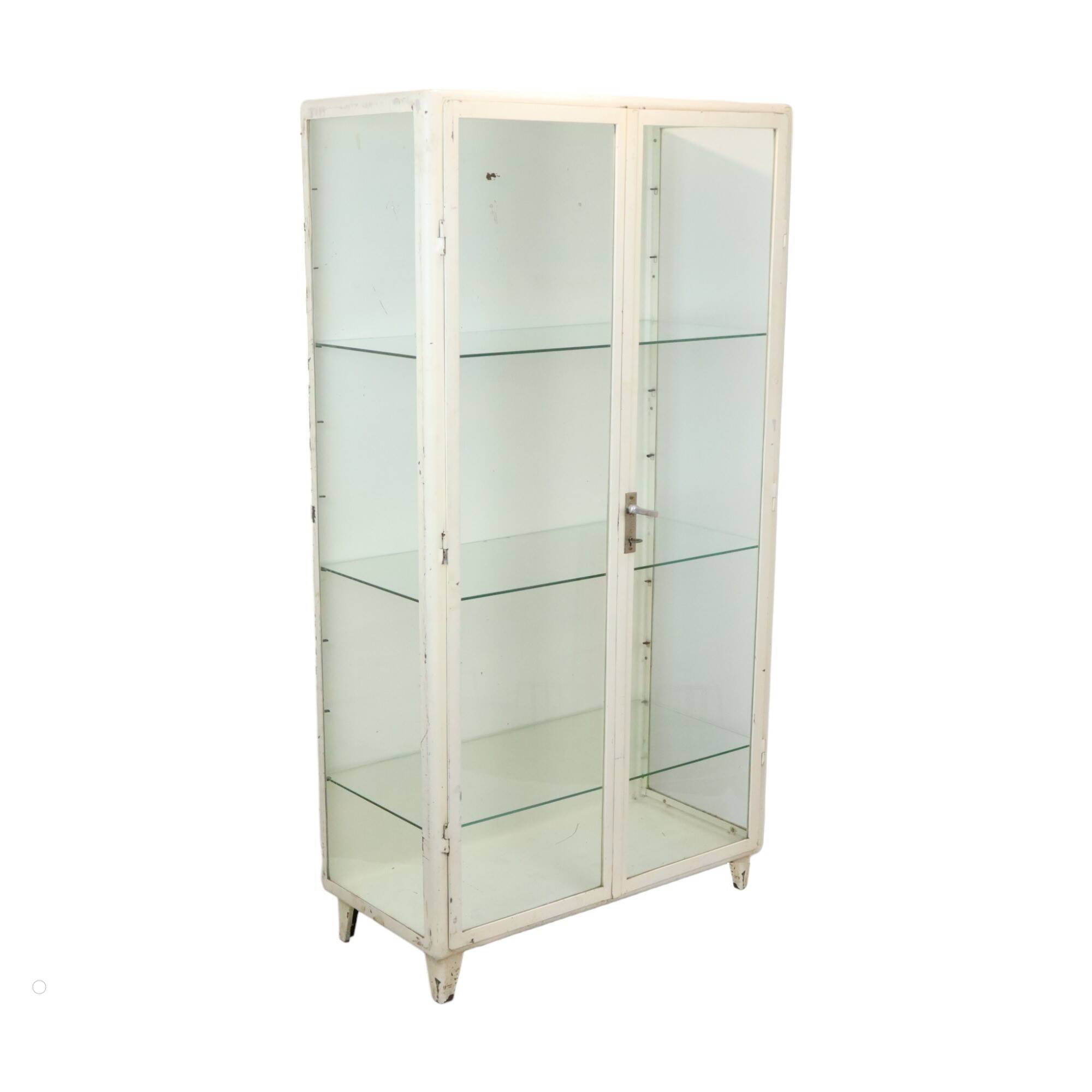 Old metal pharmacy cabinet medicine cupboard glass industrial 1950s