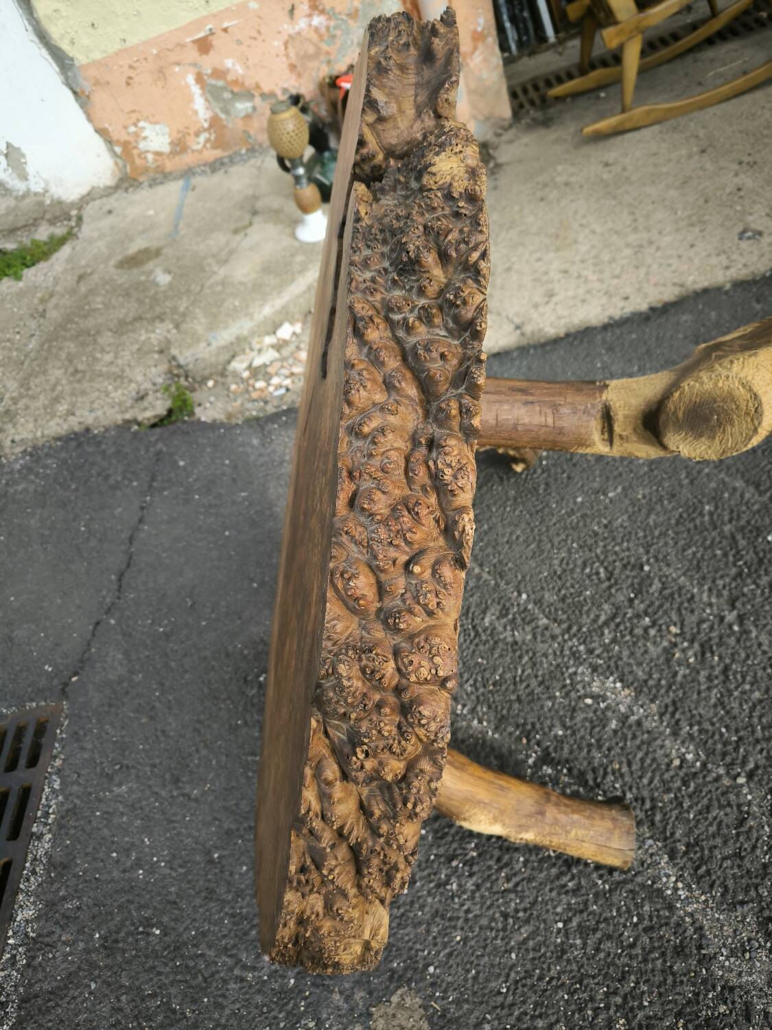 Brutalist coffee table in solid elm burl 108 cm diameter