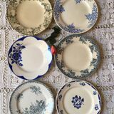 Six flowery old plates in green and blue