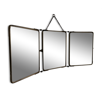 Vintage 1930s barber's triptych mirror, black beveled crystal - 28 x 70 cm