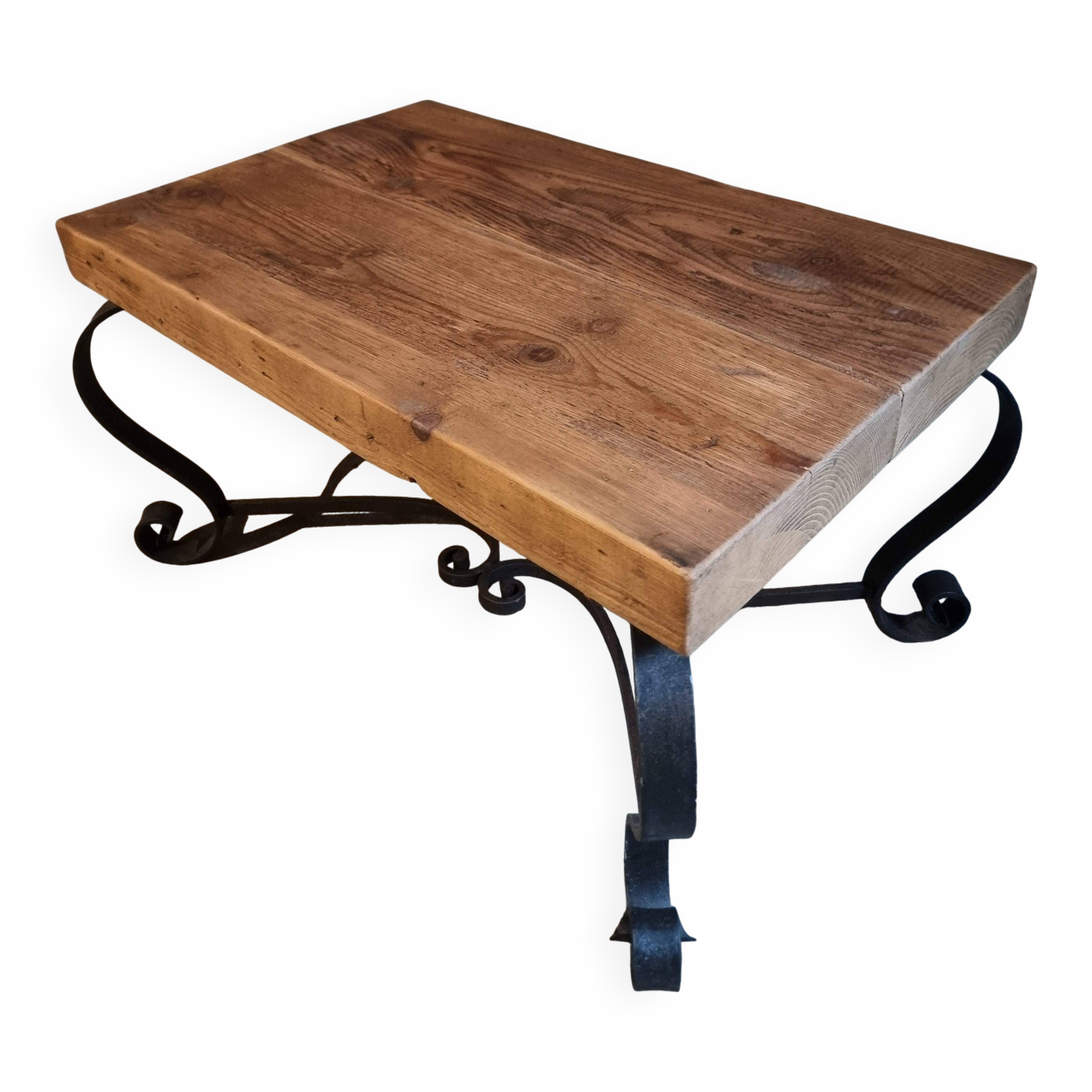 Vintage French coffee table from the 1960s – Rustic pine coffee table with a black iron base.