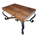 Vintage French coffee table from the 1960s – Rustic pine coffee table with a black iron base.