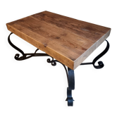 Vintage French coffee table from the 1960s – Rustic pine coffee table with a black iron base.