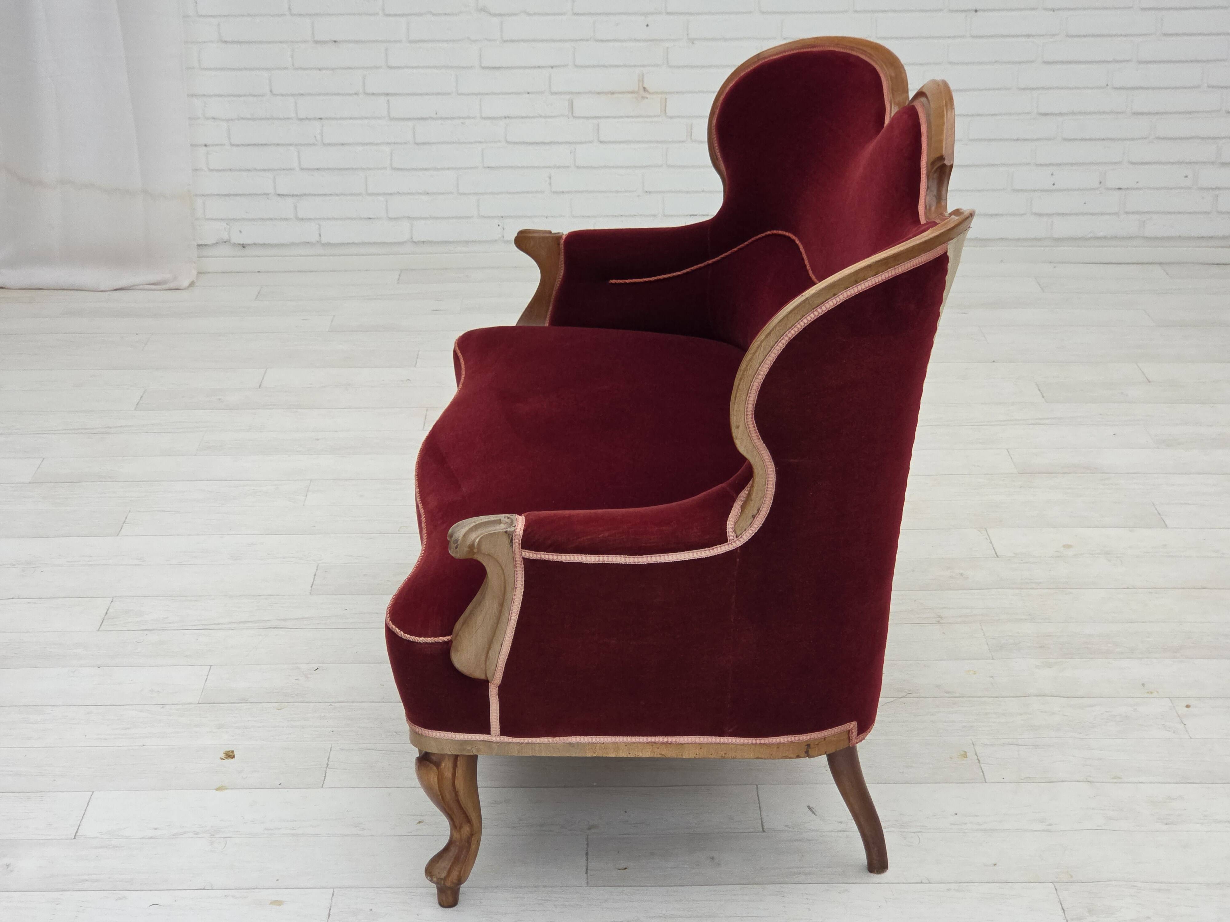 1930s, Danish 2-seater sofa, furniture velour, ash wood, reupholstered.