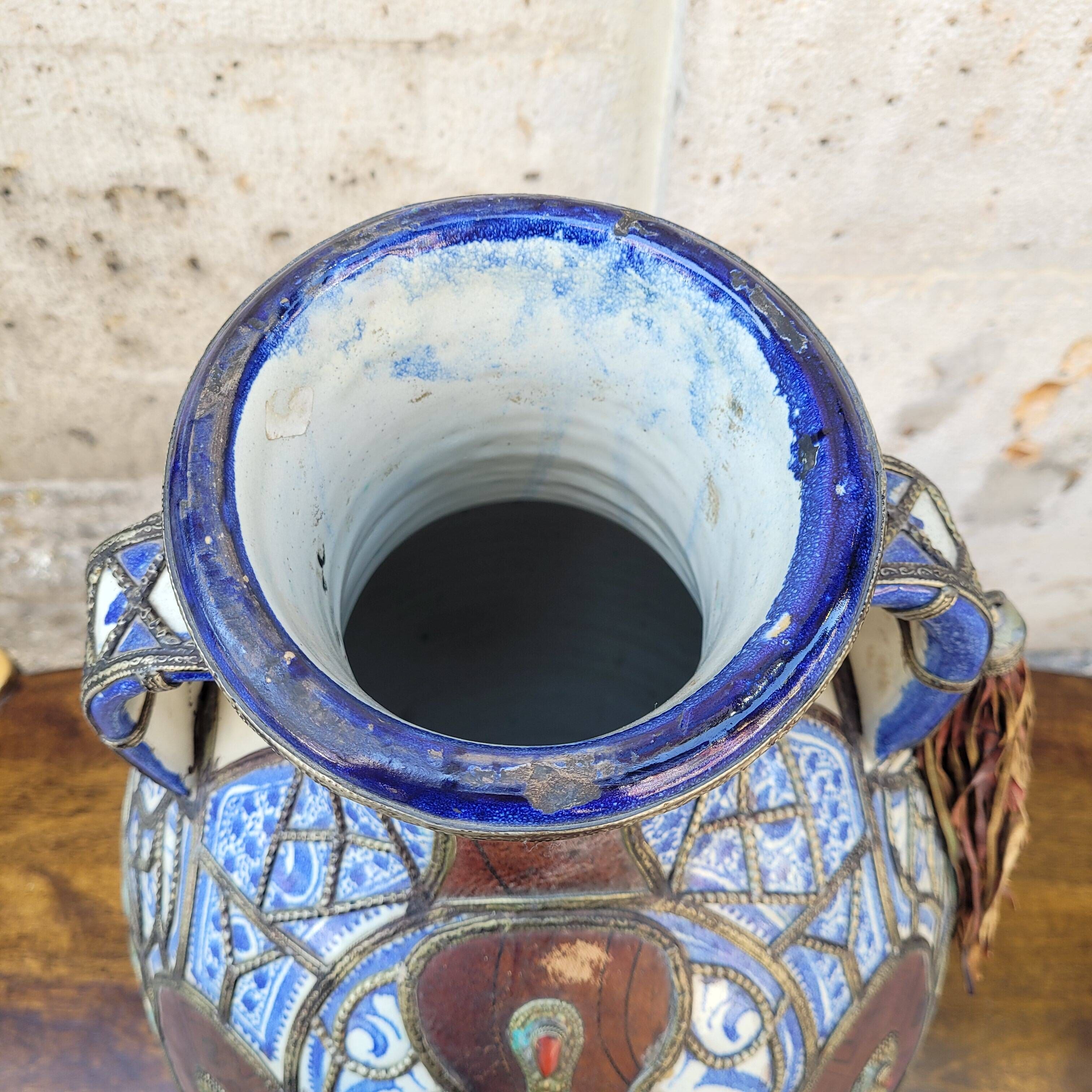 Filigree vase, ceramic, leather, enamel and metal, 19th century - Safi, Morocco