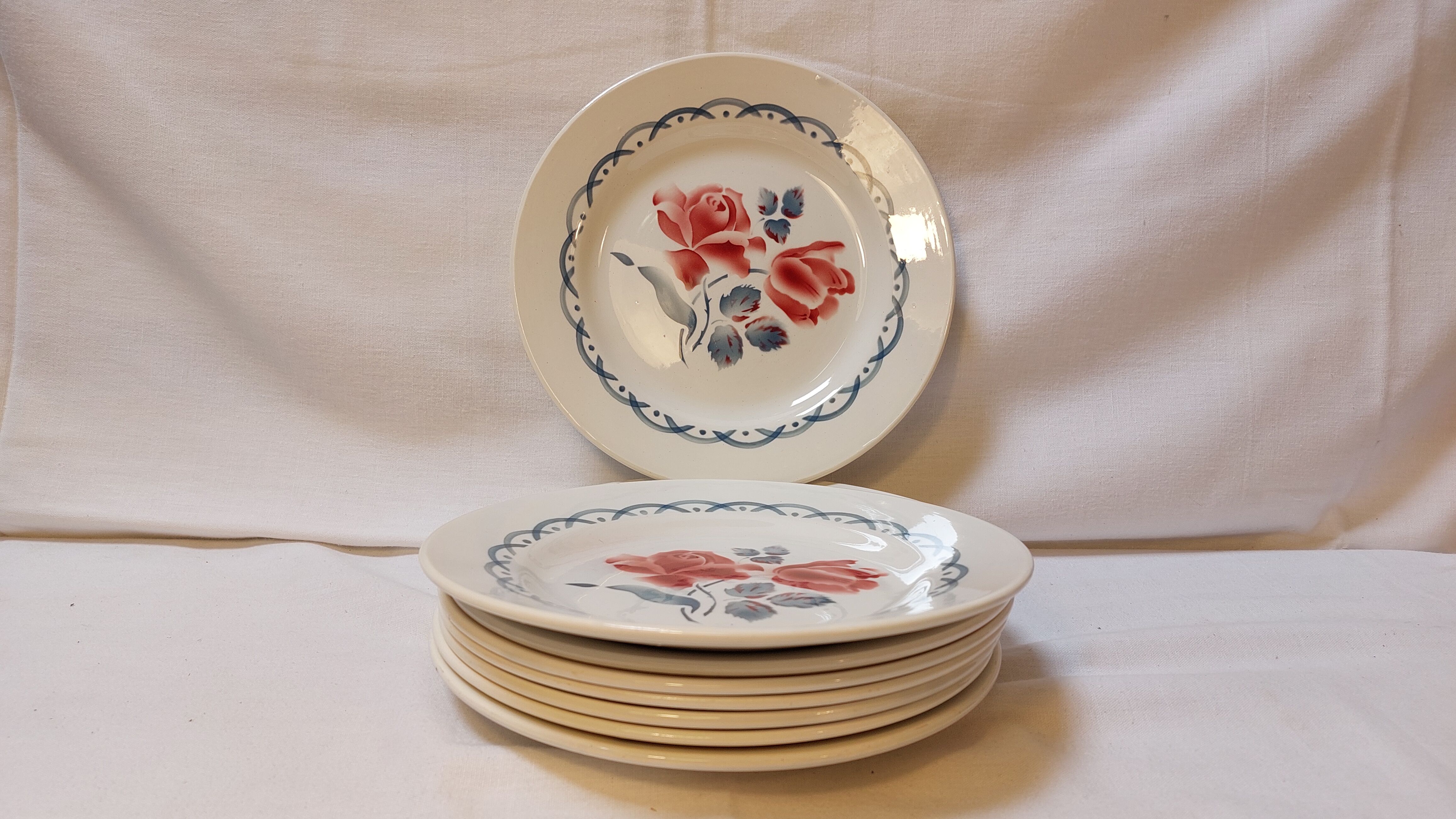 Set of 8 old flat plates from digoin sarreguemines earthenware factories - cannes model