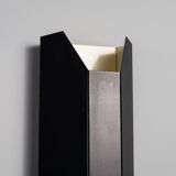 Architectural pair of vintage black metal wall lamps with angular geometric