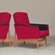 Pair of Drevotex Zamberk armchairs, red fabric and faux leather 1970