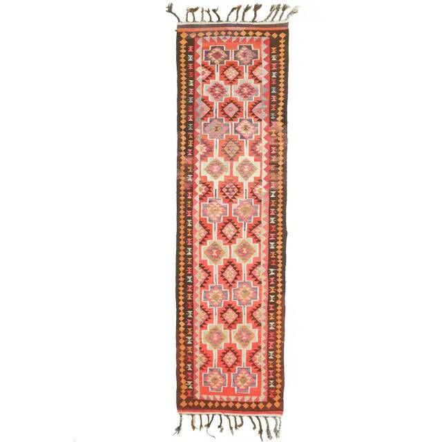 1970s Vintage Turkish Hand-Knotted Wool Cotton Red Runner Rug 94x347