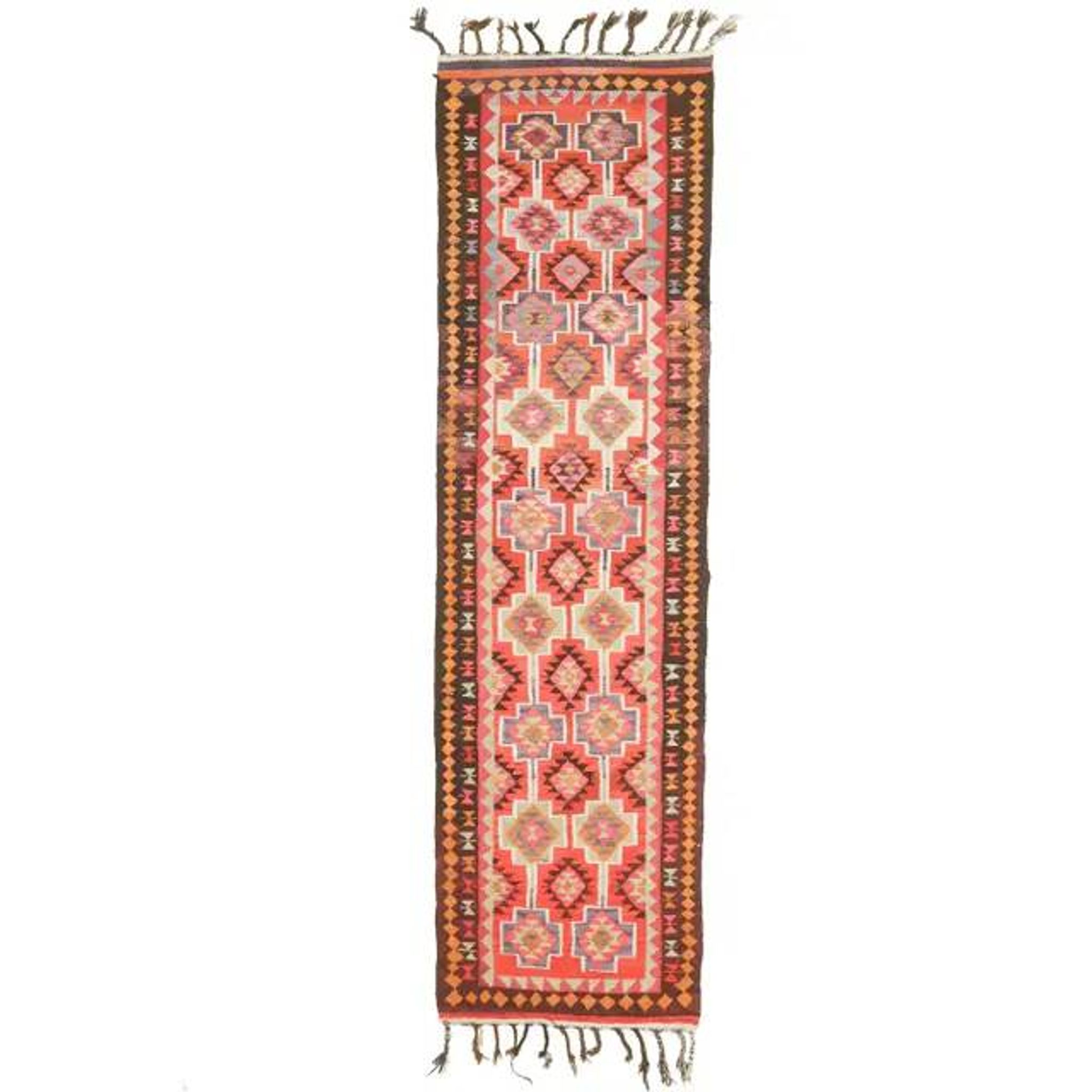 1970s Vintage Turkish Hand-Knotted Wool Cotton Red Runner Rug 94x347
