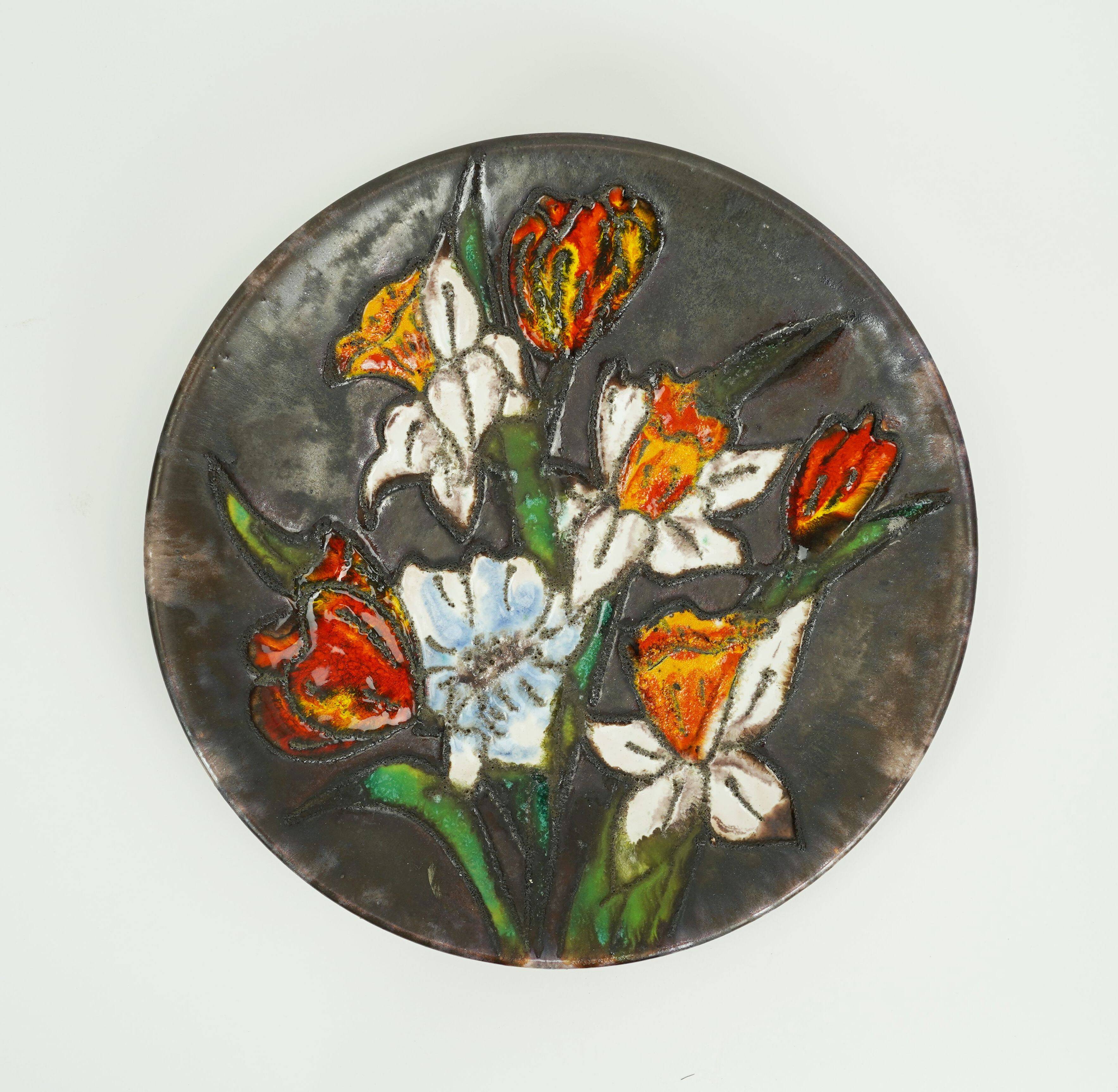 vintage ruscha 1960's 70's WALL PLATE fat lava bowl orange and white flower