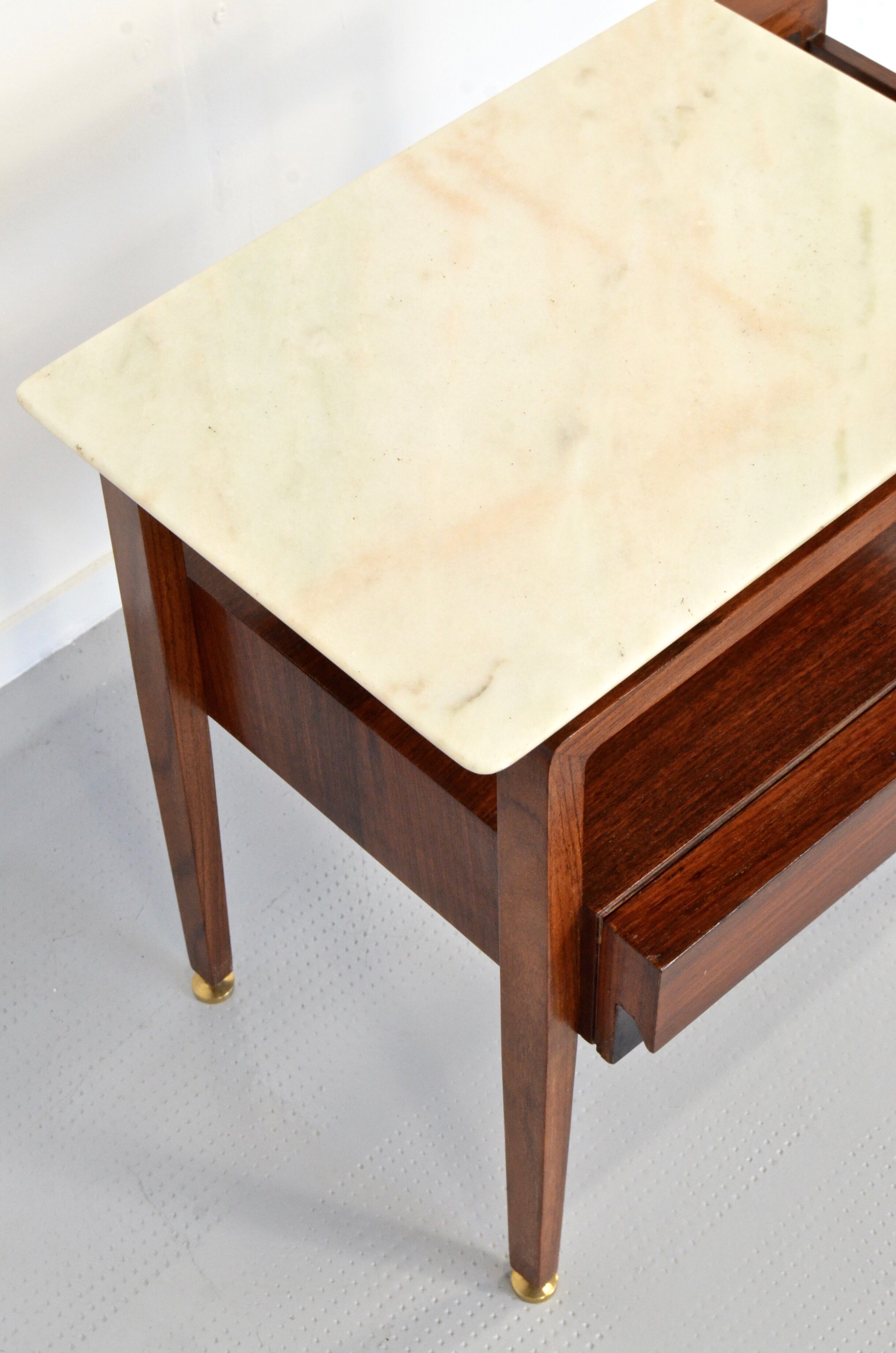 Set of 2 italian midcentury rosewood and carrara marble bedside tables