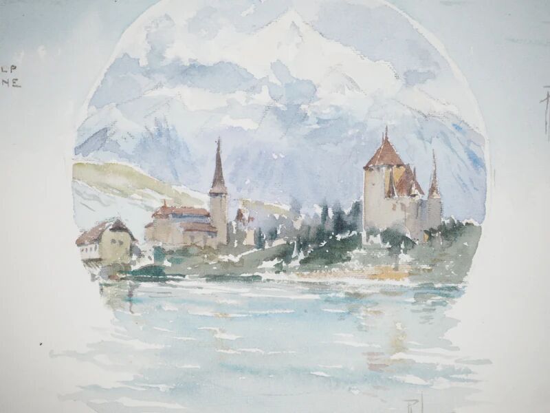 René leverd: switzerland, view of thun from la blümlisalp, original signed watercolor