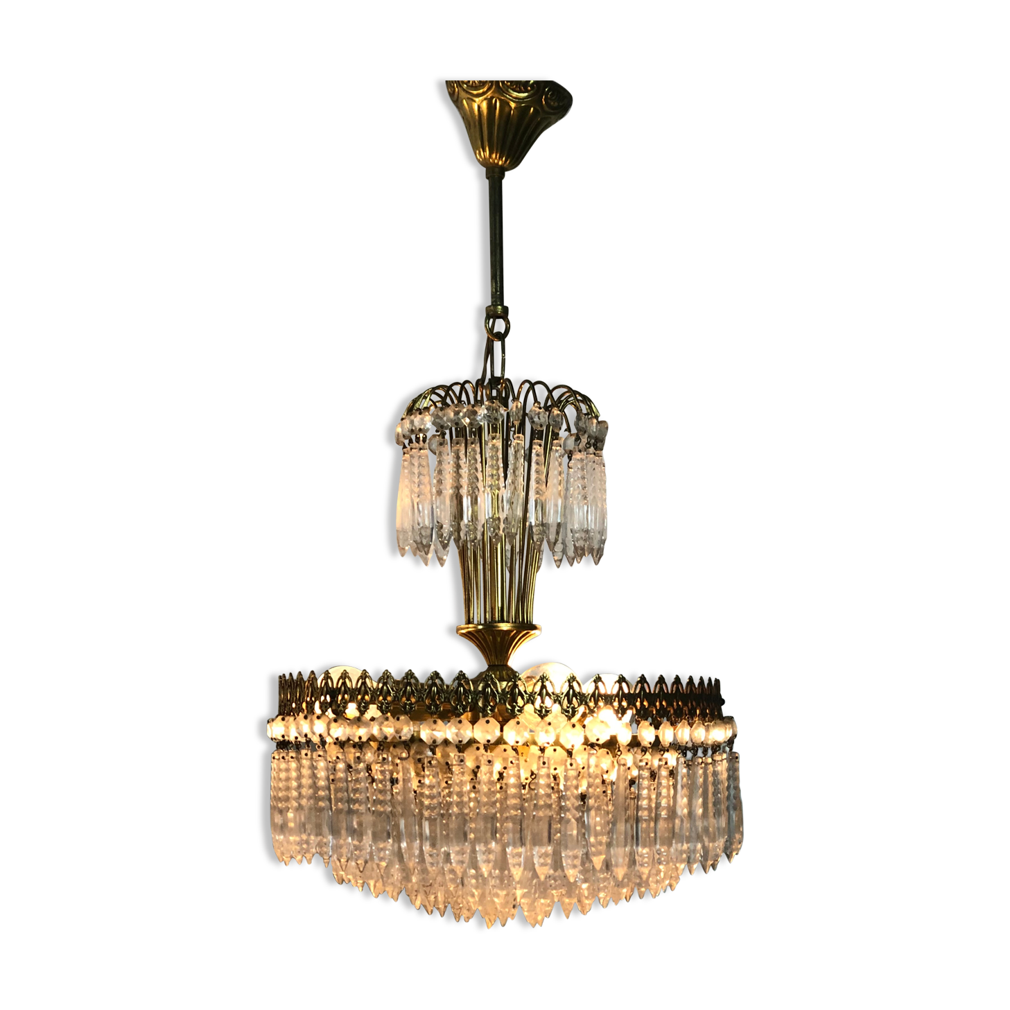 Golden brass crown chandelier and crystal taste buds 3 fires 1970