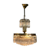 Lustre couronne en laiton doré et papilles en cristal 3 feux 1970