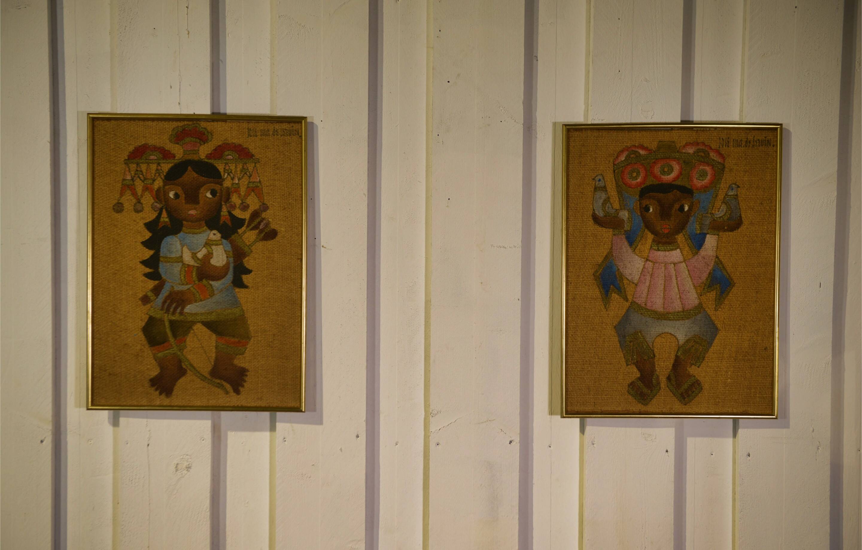 Pair of canvases on jute, ethnic art, framed by Trousson et Cie, Roubaix, 1970s.