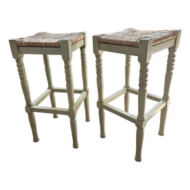 Vintage European Rustic Painted Straw Bar Stools - Set of 2