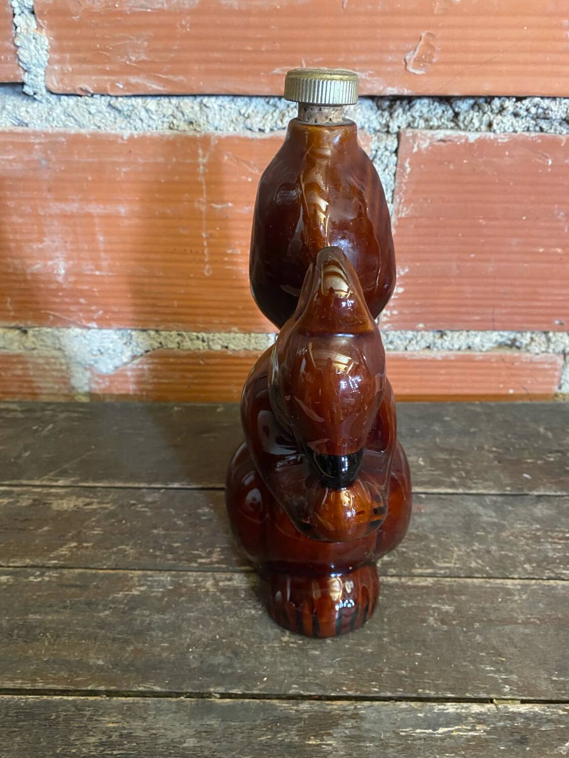 Vintage Brown Glazed Stoneware Squirrel-Shaped Bottle + Cork