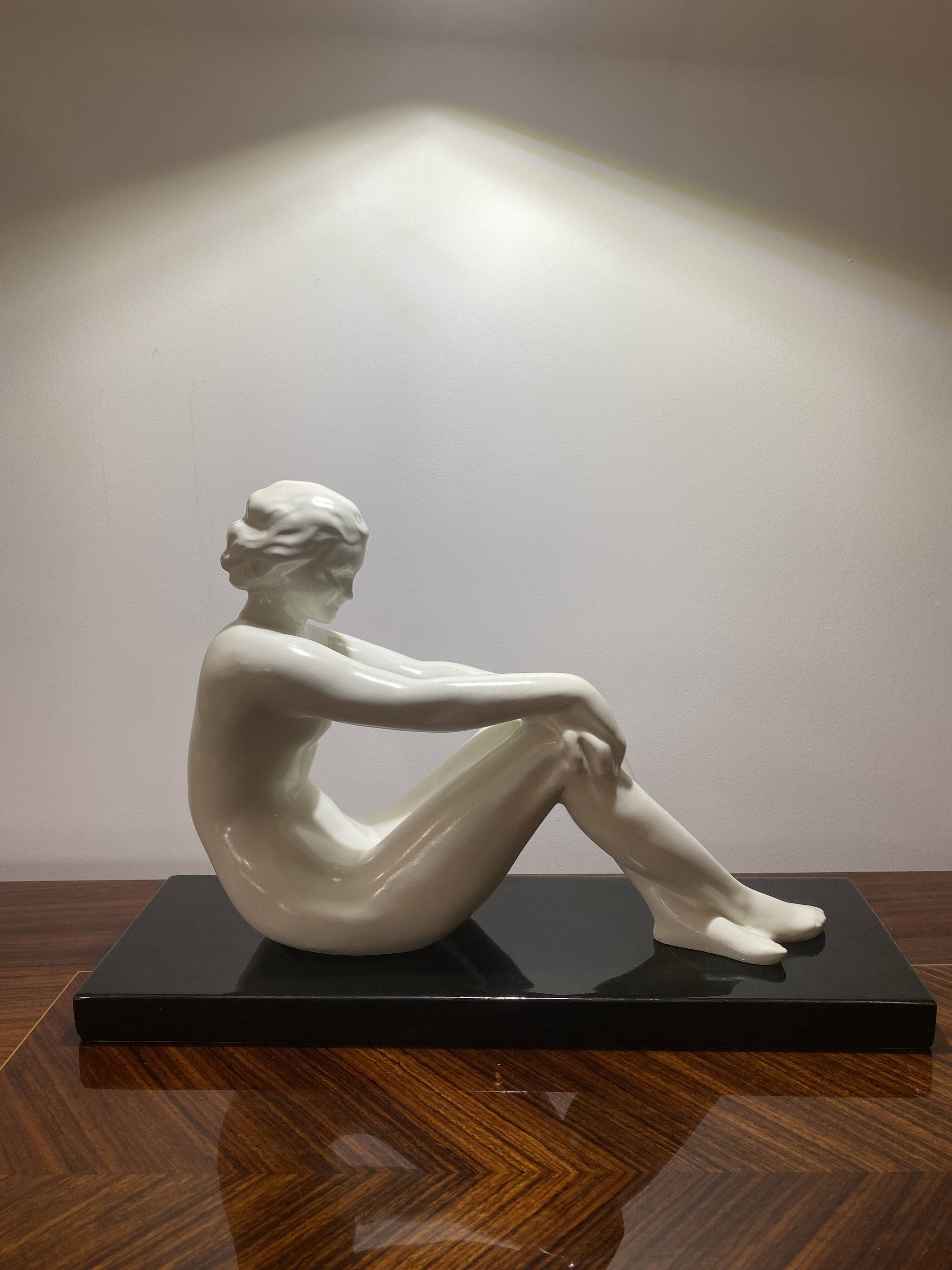 Ancient sculpture ODYV – Faïencerie de Vierzon – Art Deco seated woman