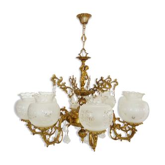 Bronze or gilded brass chandelier with 8 lights and glass and stamps