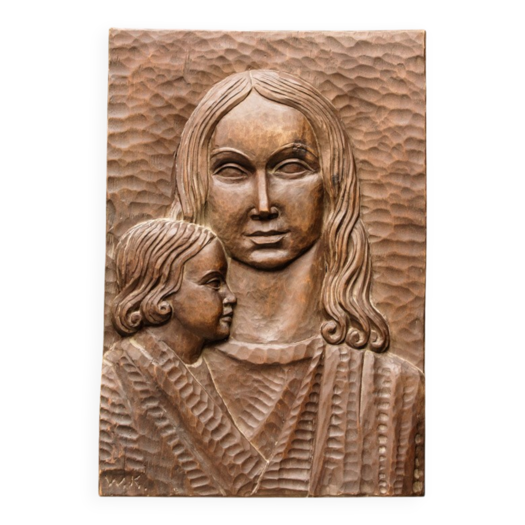 Modernist bas-relief, Virgin and Child, carved wood, signed