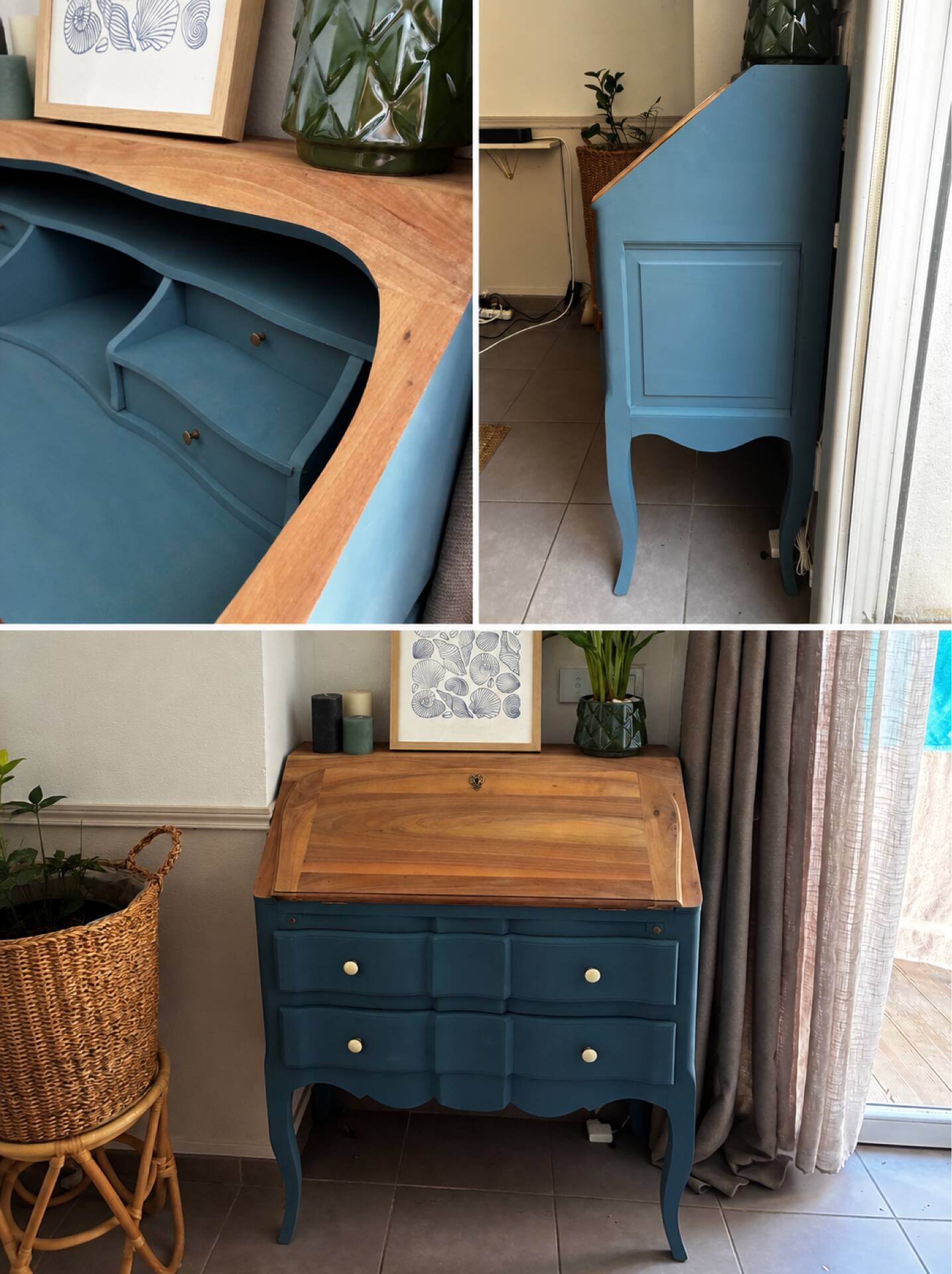 Restored antique drop-leaf secretary – natural wood & Night Blue