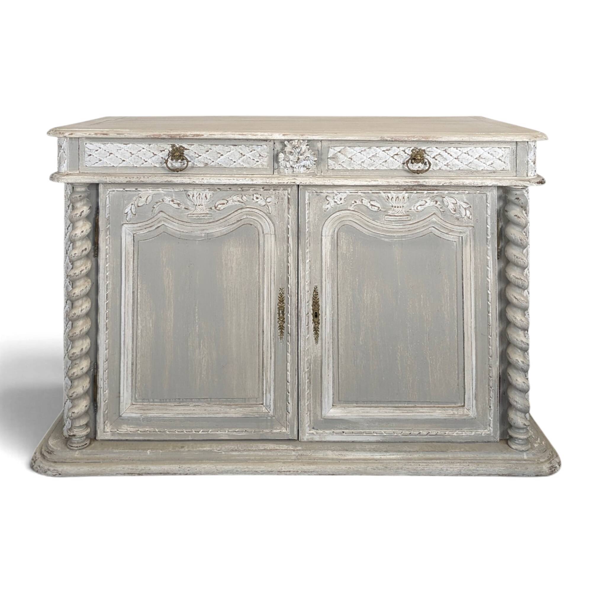 Louis XIII buffet with twisted column in grey patinated oak, two doors, two drawers.