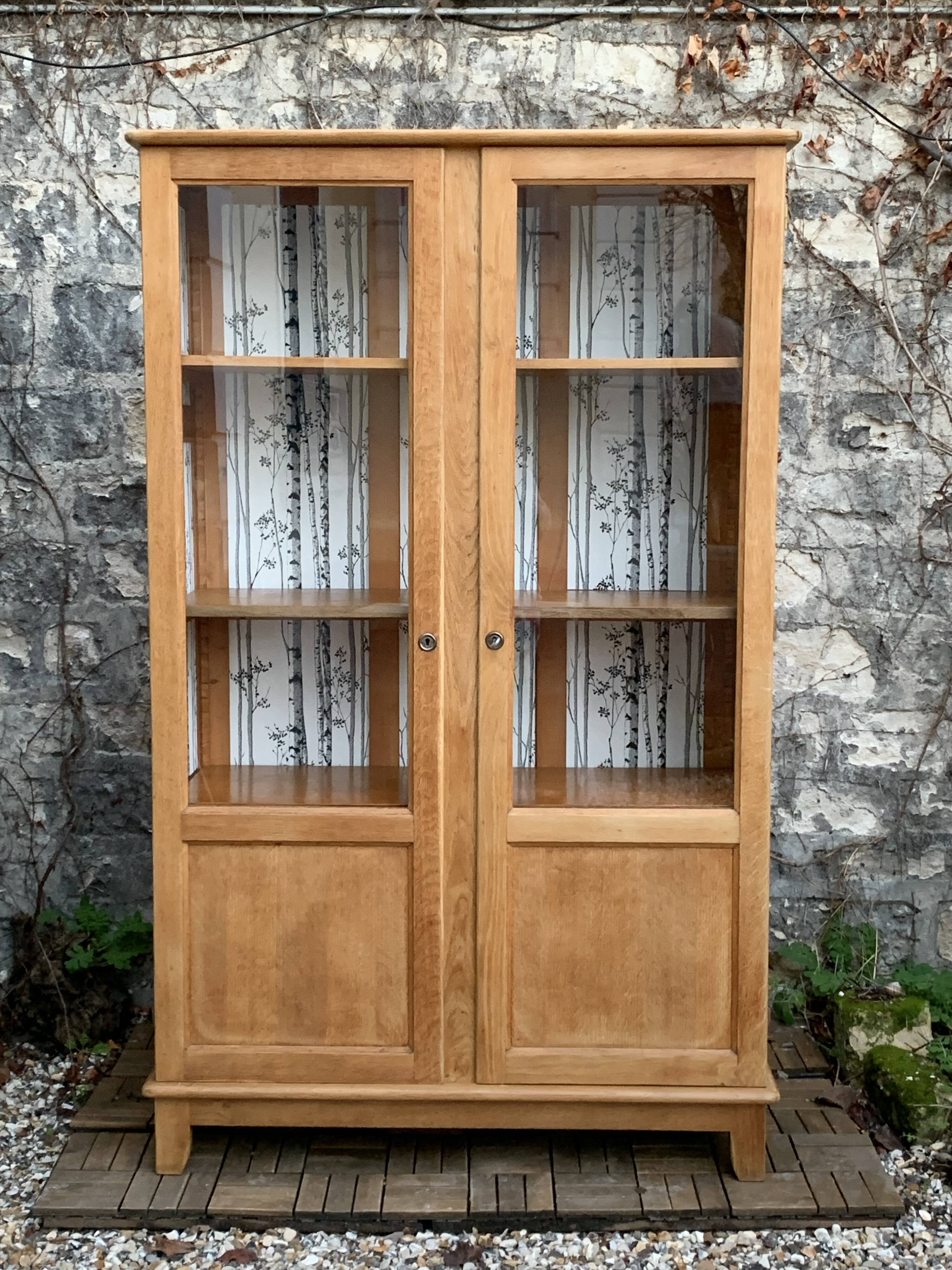 Solid raw oak school glass cabinet 1950