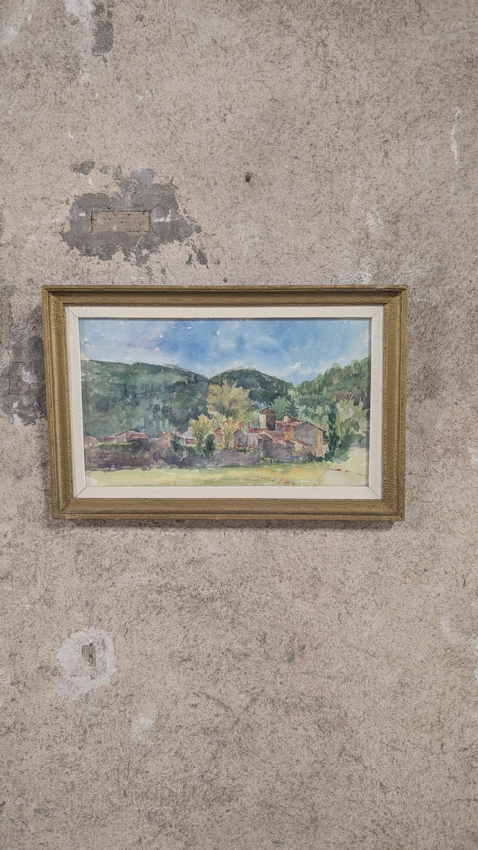 Vintage watercolor – Village at the foot of the hills