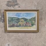 Vintage watercolor – Village at the foot of the hills