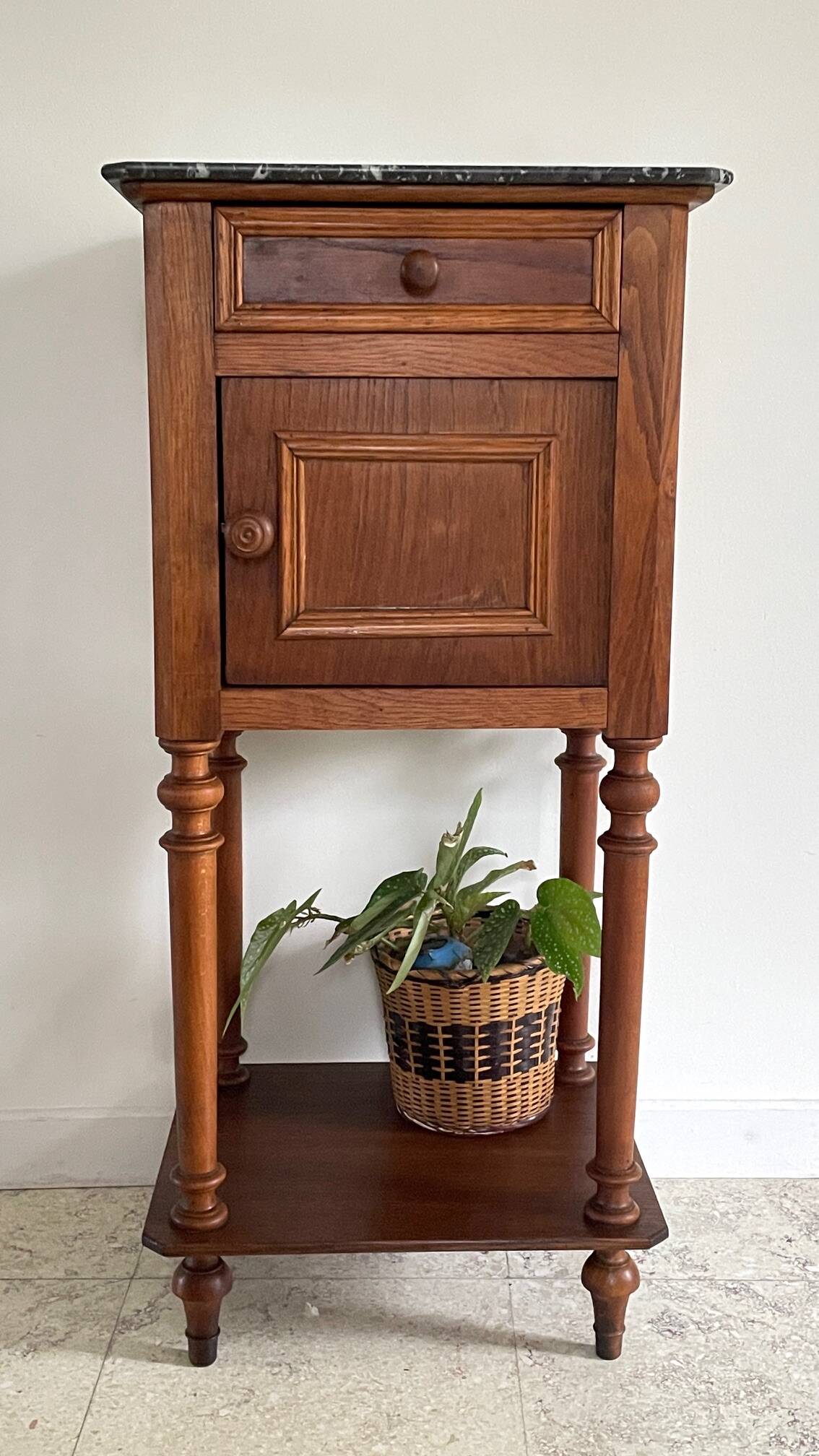 Antique bedside table in wood and marble