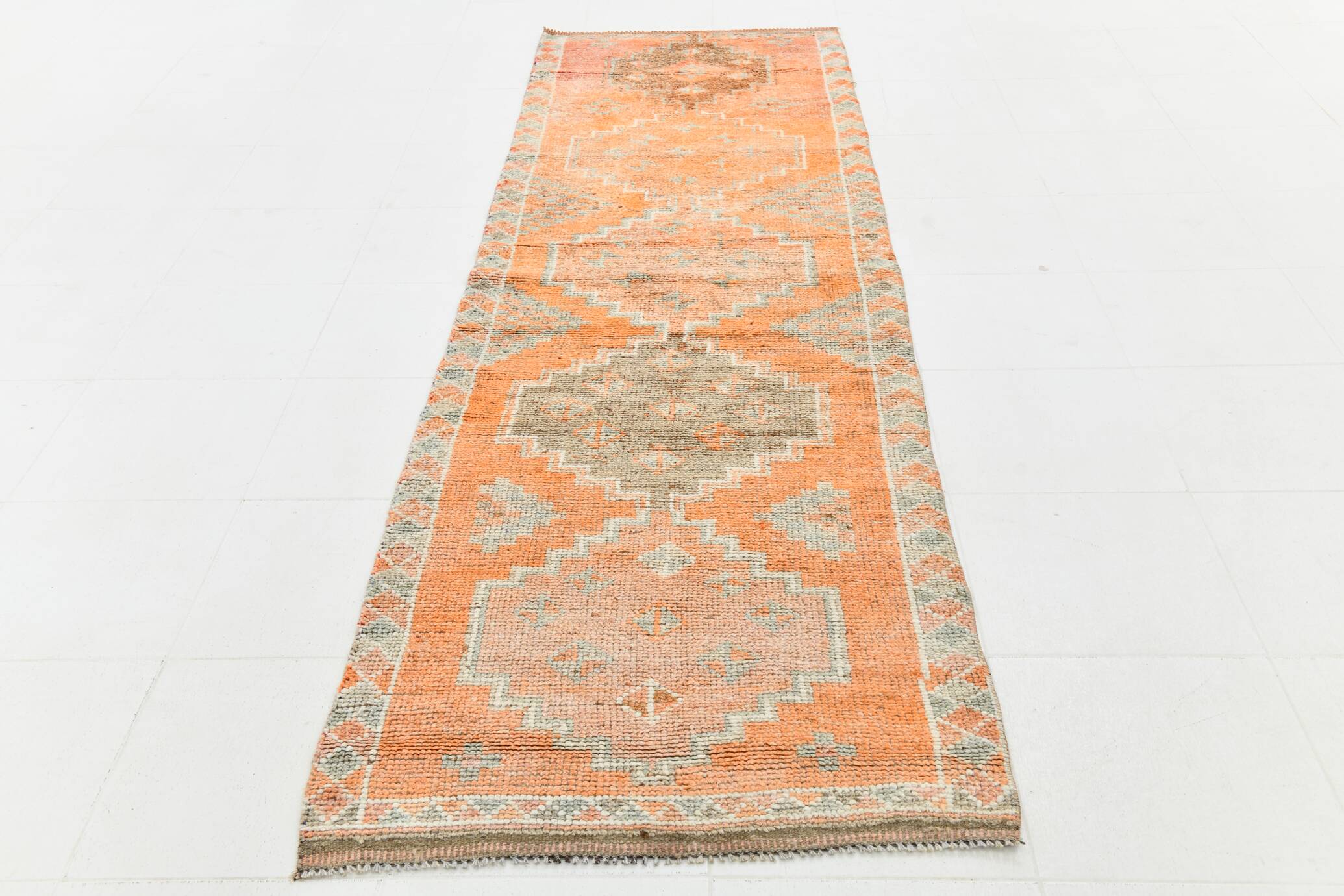 Apricot Tones Vintage Turkish Runner Rug, Oushak Wool Hallway Carpet