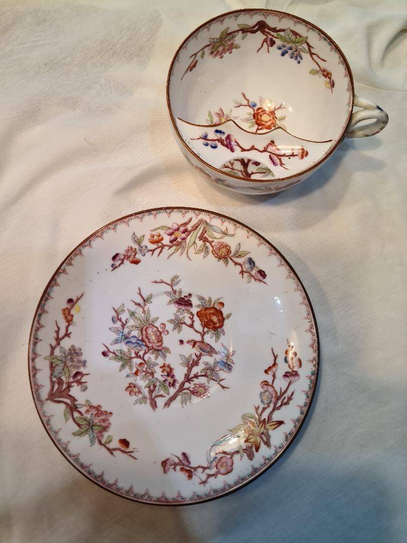 Rare mustache cup + Sargumines saucer with Fismes decoration 19th century