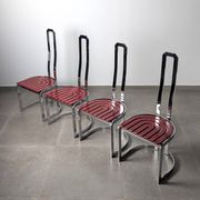 Postmodern chairs in chromed steel and red wood, set of 4, 1980s