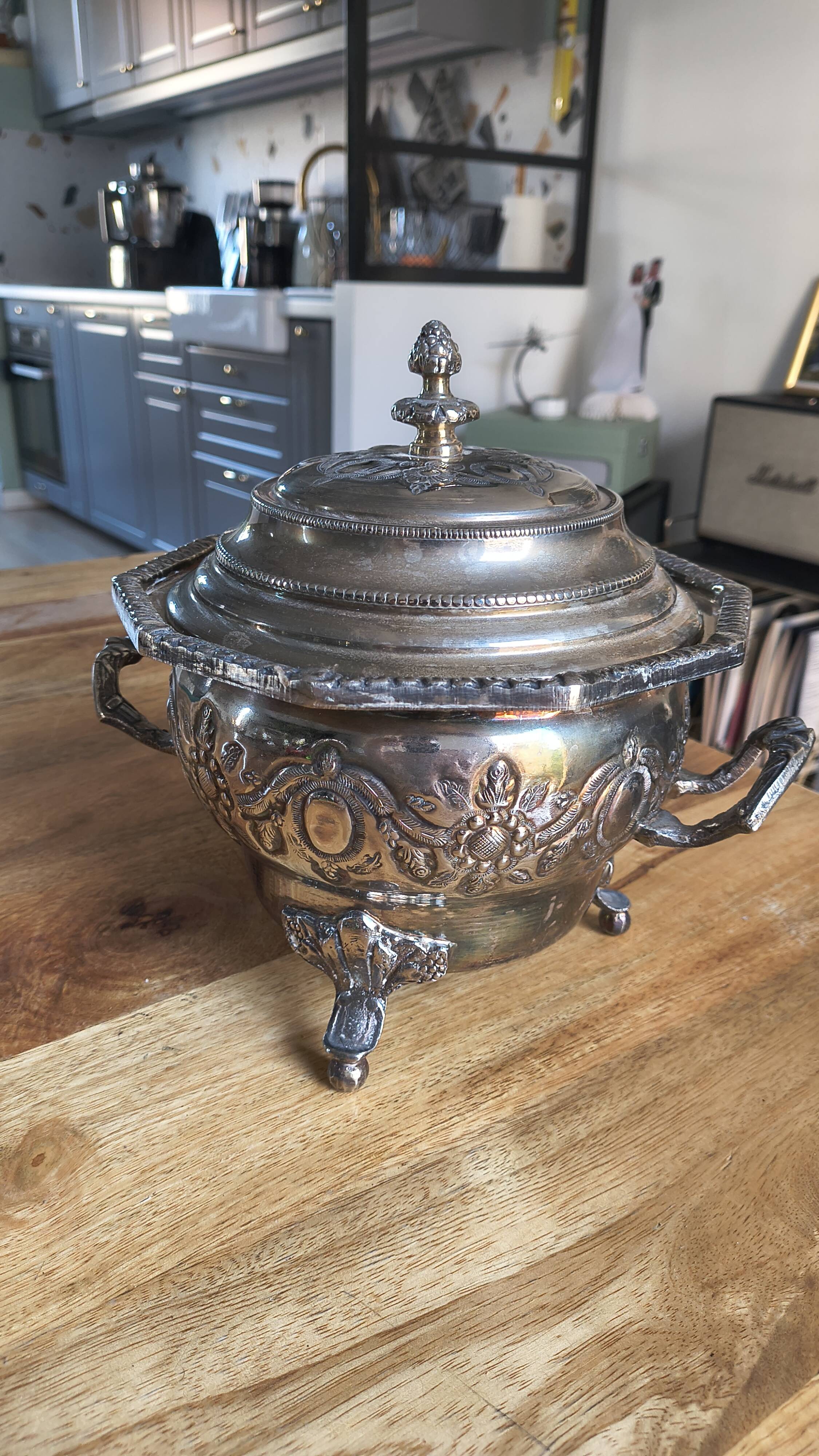 Antique Box / Chased Silver-Plated Sugar Bowl from Fes - Nesting Style (Vi