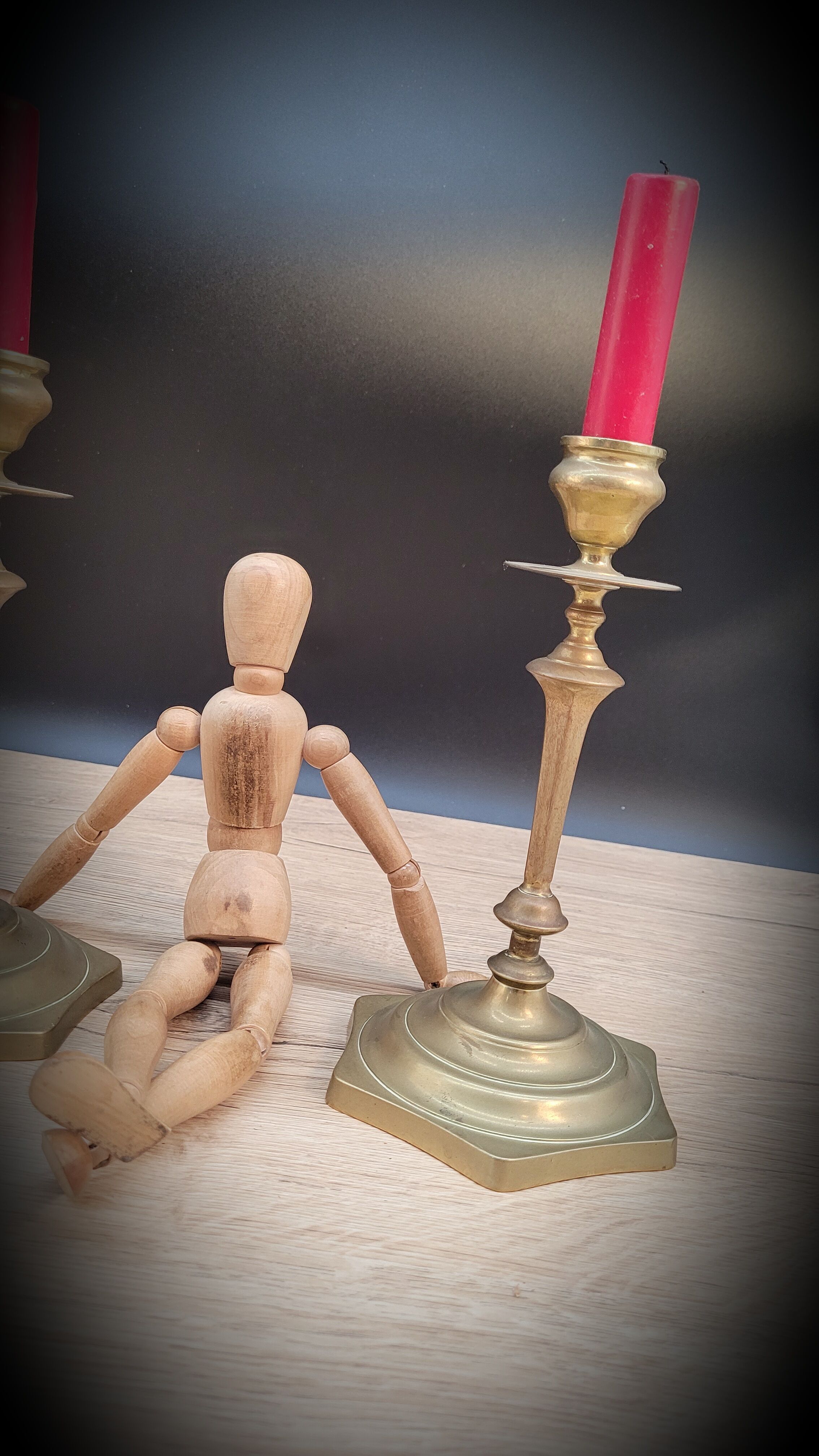 Pair brass candlesticks hexagon