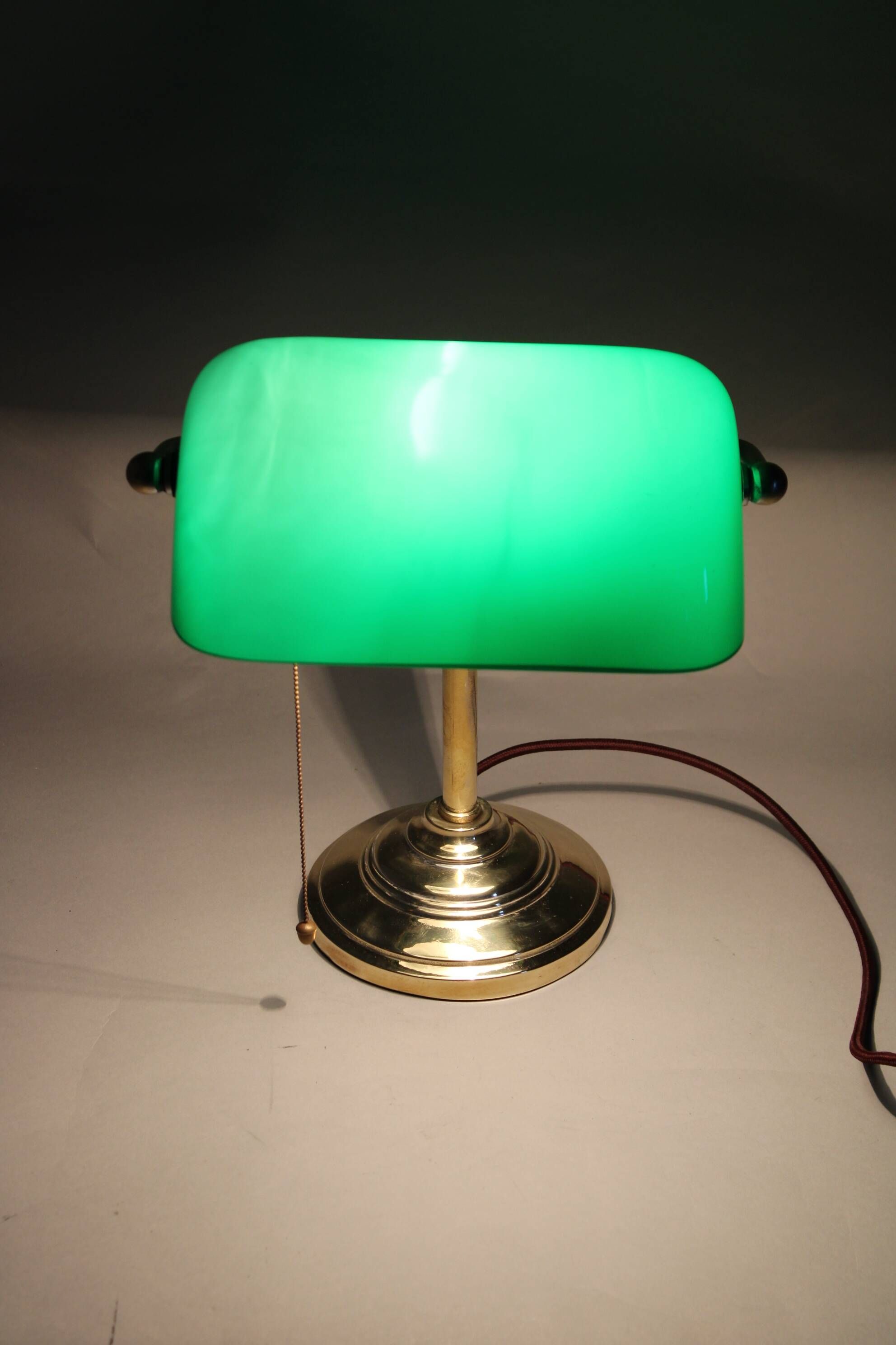 1930s Art Deco Brass  Banker Table Lamp with Glass Shade, Czechoslovakia