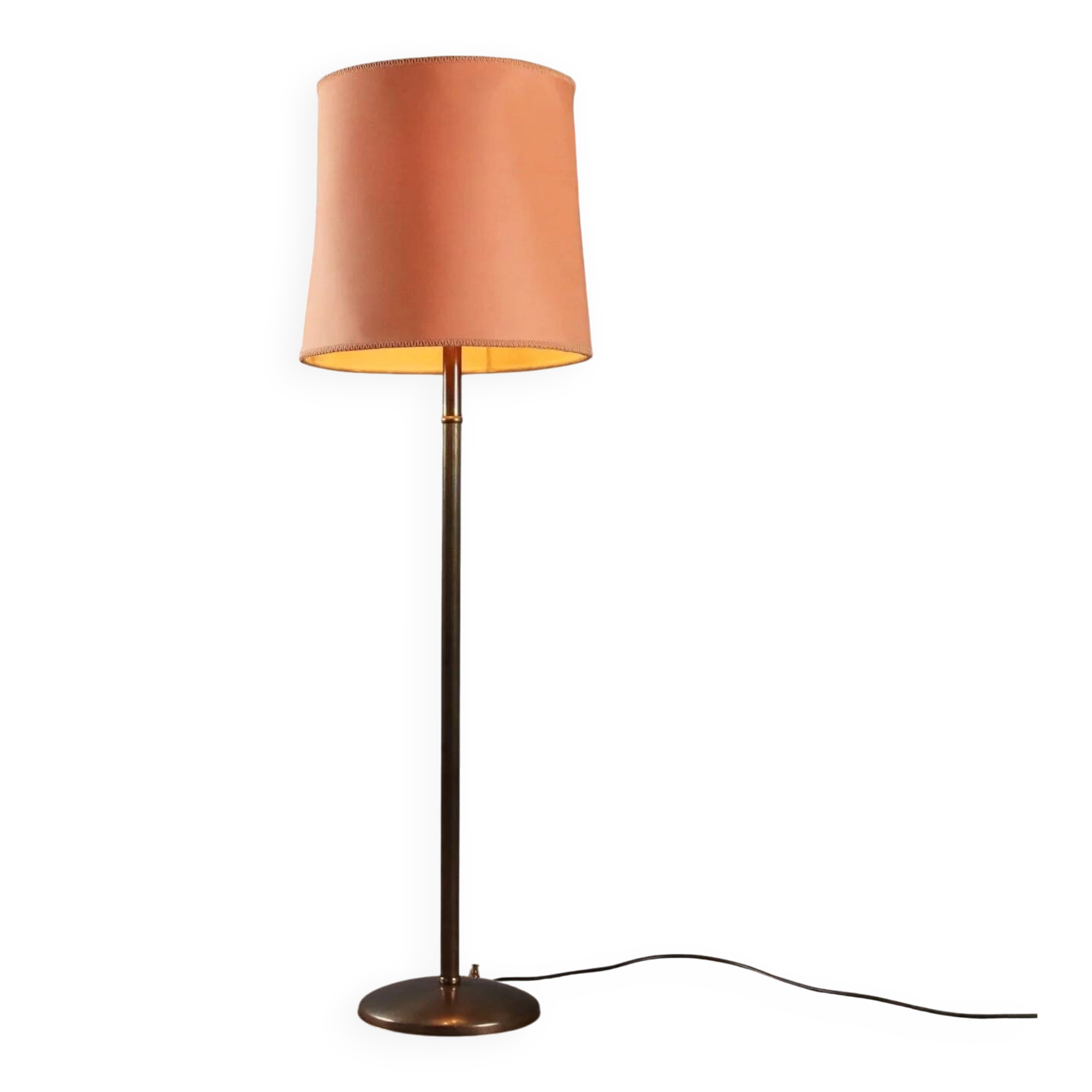 Lampadaire vintage en laiton avec abat-jour en tissu, hauteur réglable, design années 1950