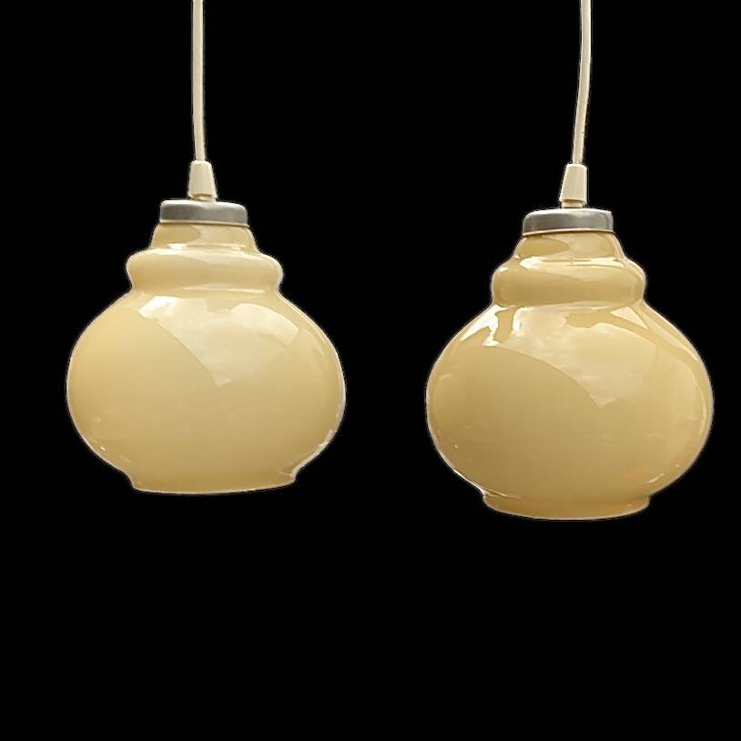 Pair of antique cream opal glass pendant lights – 1970s