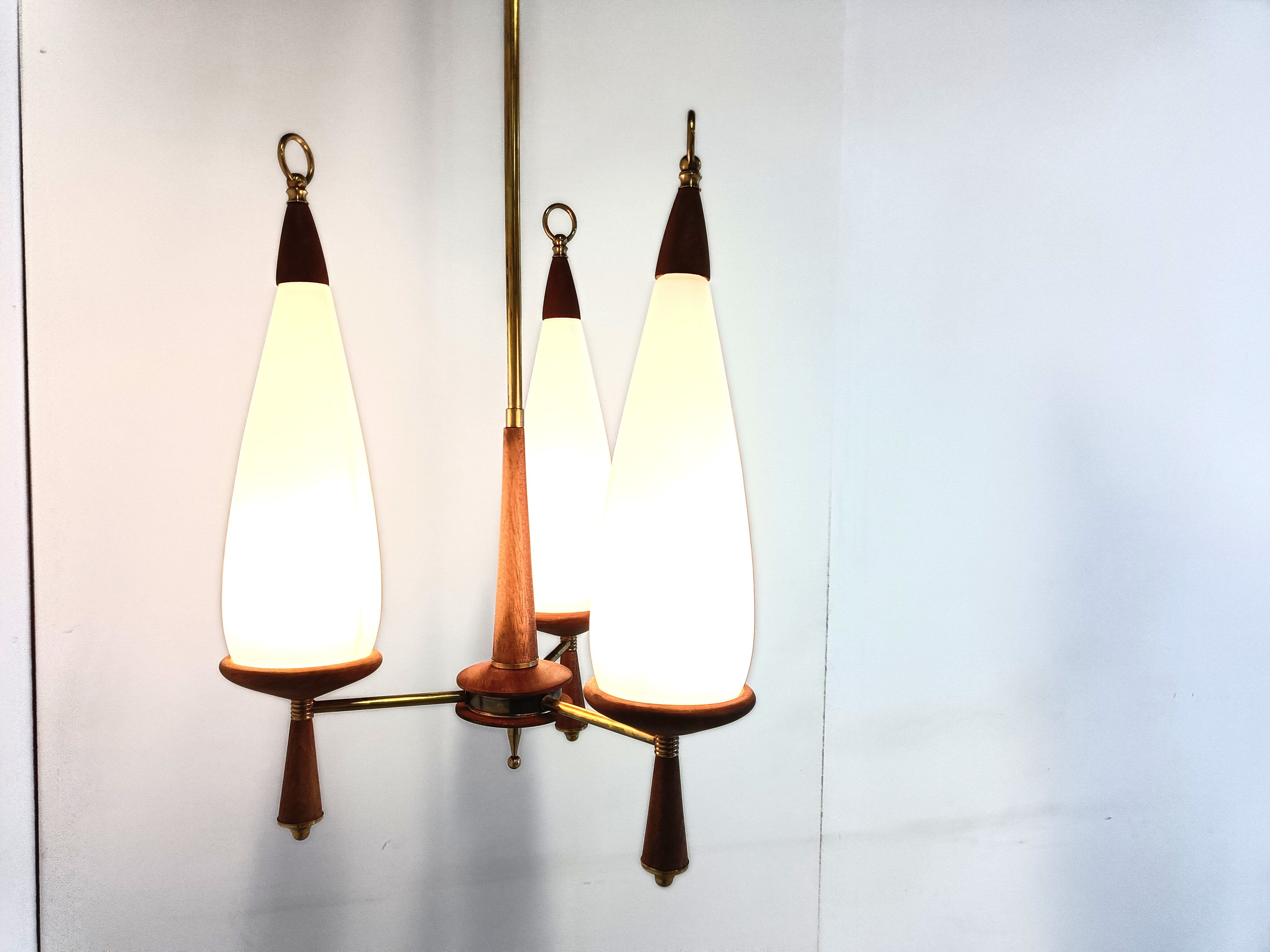Vintage teak chandelier with white glass shades, 1960s