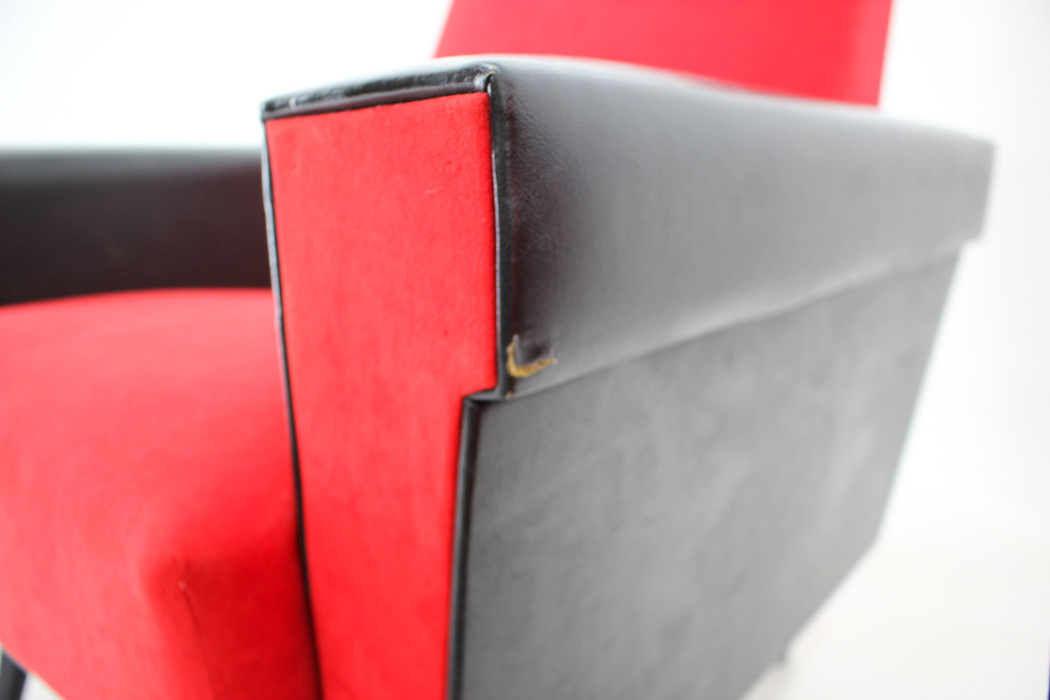 1970's pair of leatherette and red fabric armchairs, Czechoslovakia