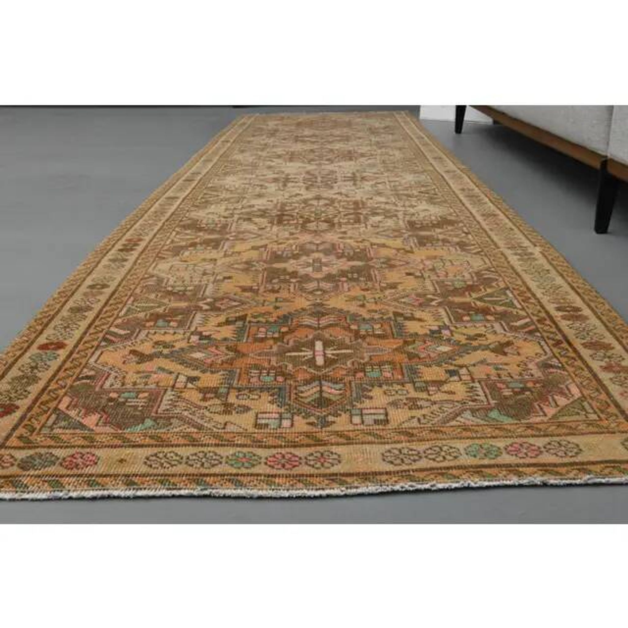 Vintage Turkish Hand-Knotted Wool Cotton Orange Runner Rug 101x380