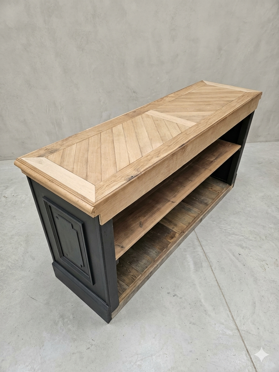 Chevron-patterned oak workbench