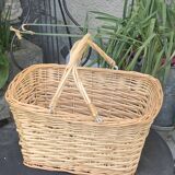 Rattan basket, woven wicker, with two vintage handles