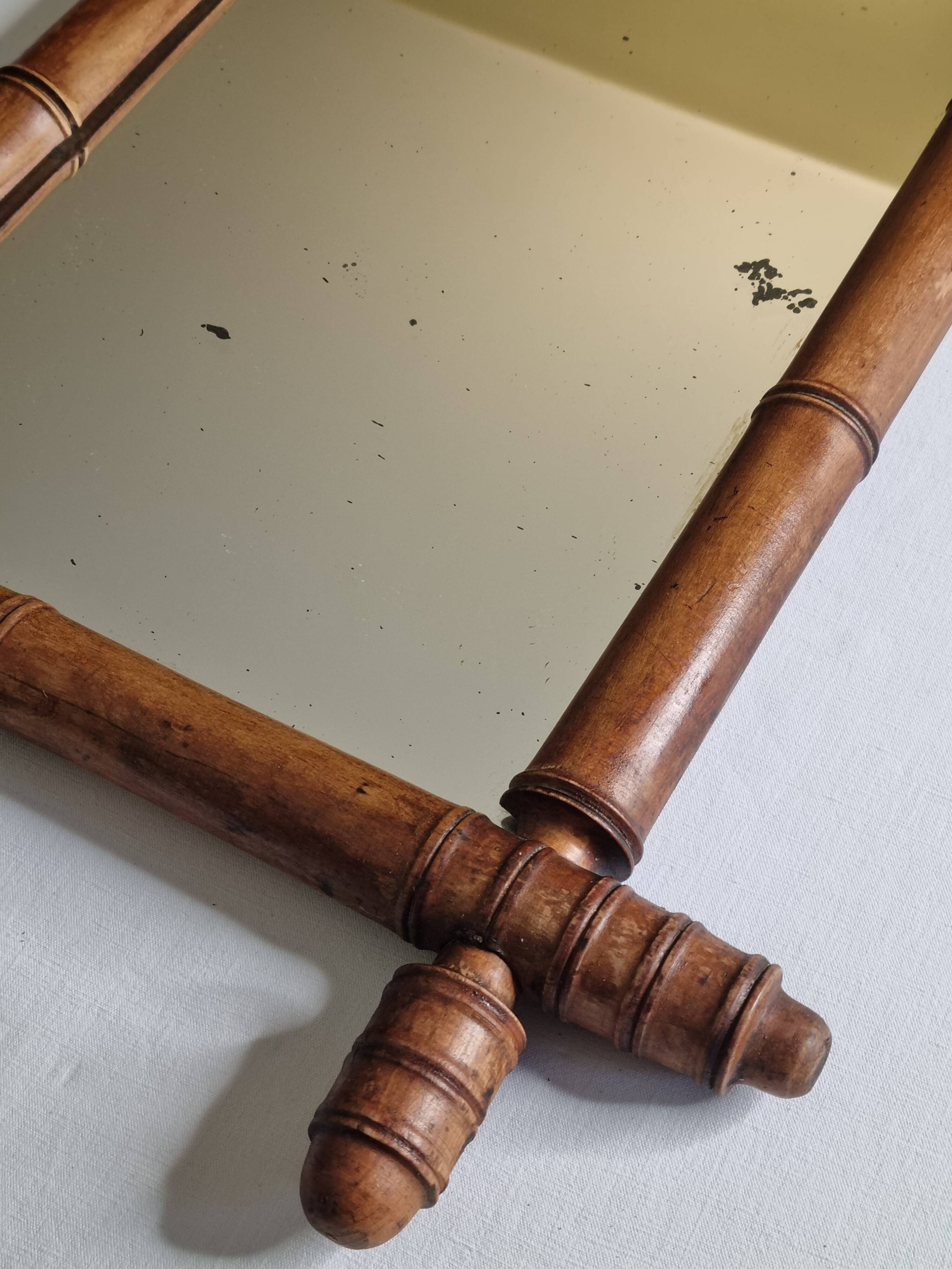 Antique bamboo-style mirror in turned wood – late 19th century, 62 x 42 cm