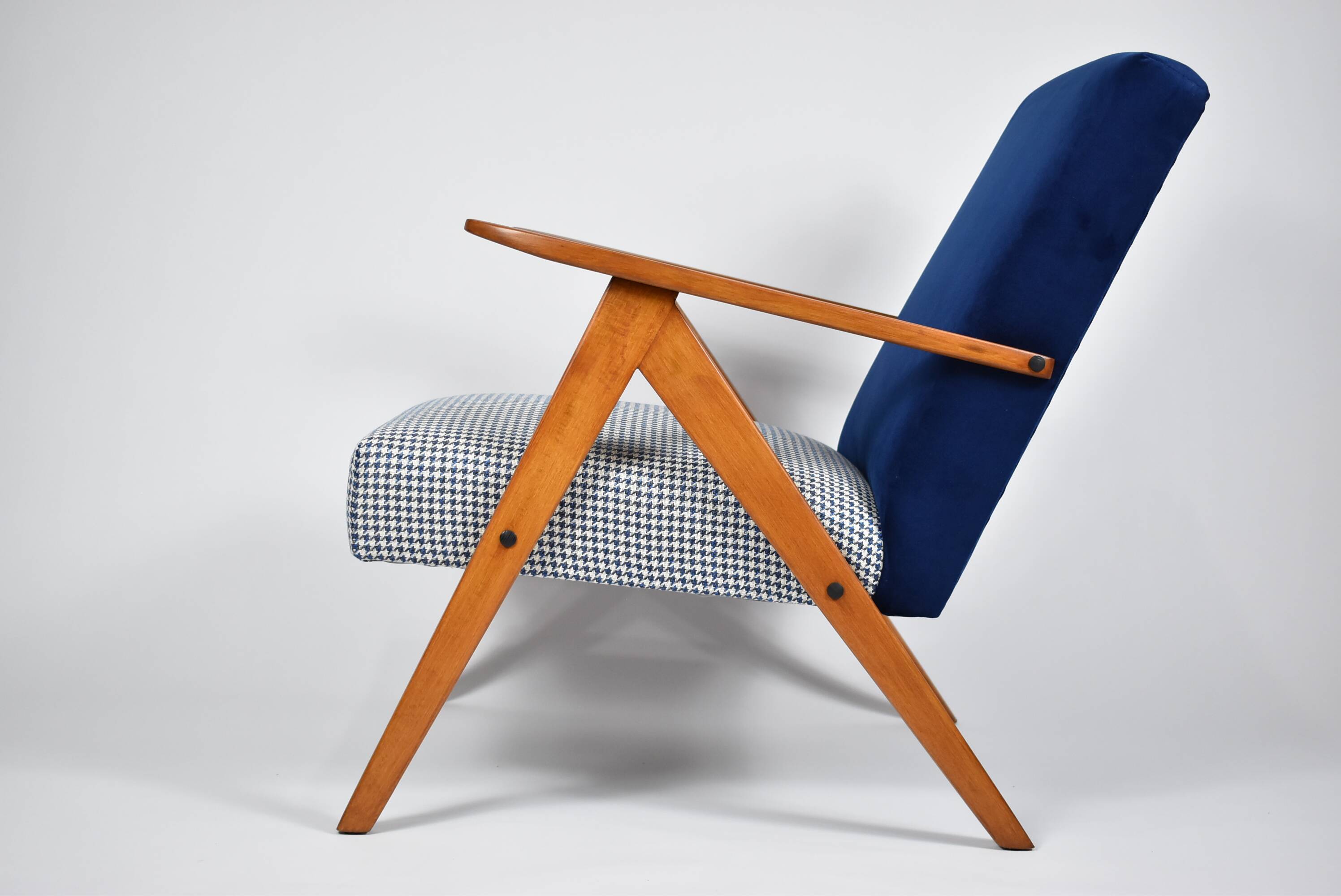 Original armchair compas, pied de poule, blue velvet, 1960s, restored