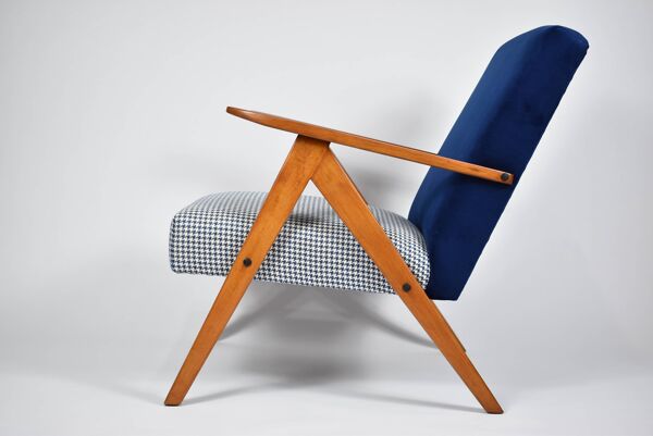 Fauteuil compas original, pied de poule, velours bleu, années 1960, restauré