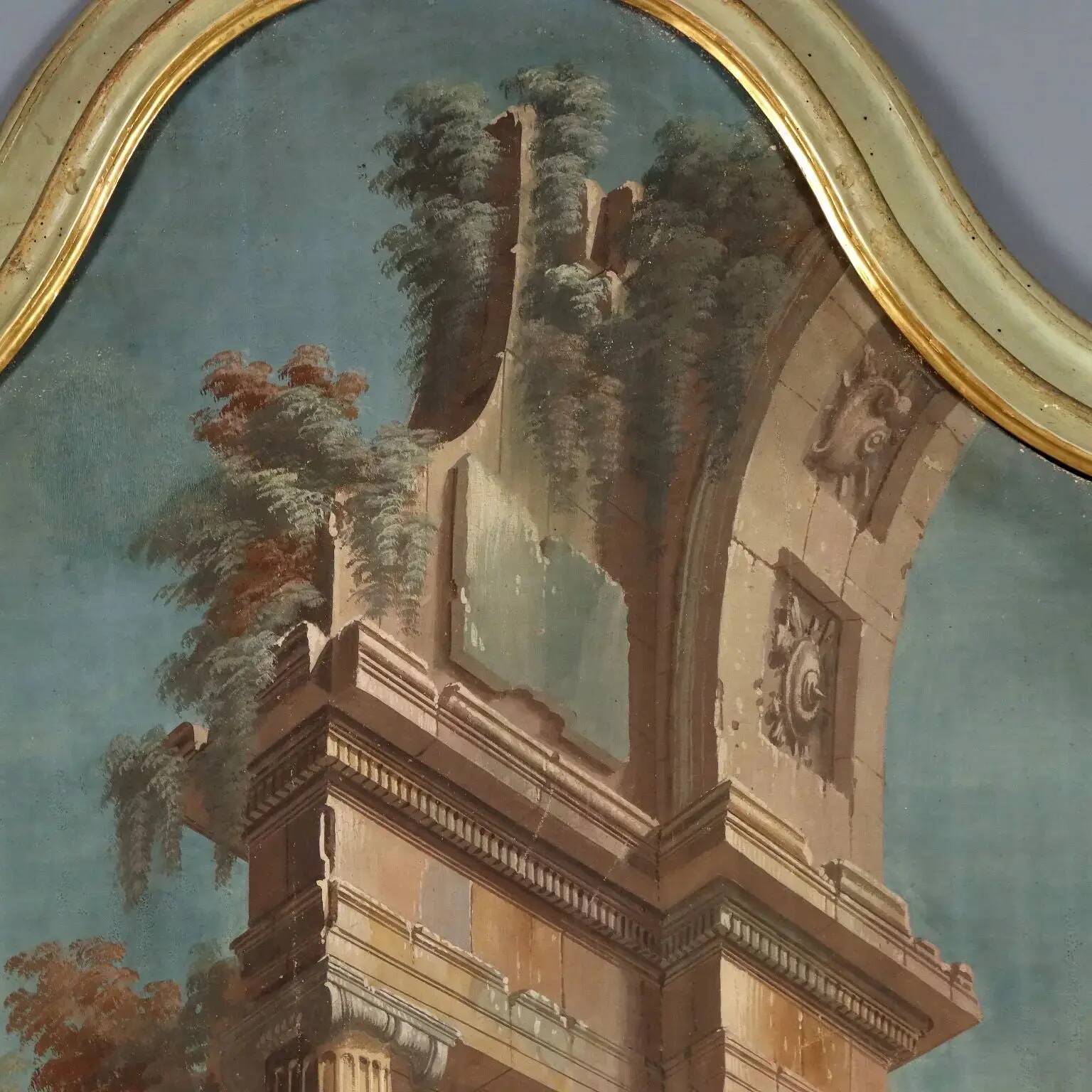Ancient painting, architectural view, tempera on canvas, 18th century.