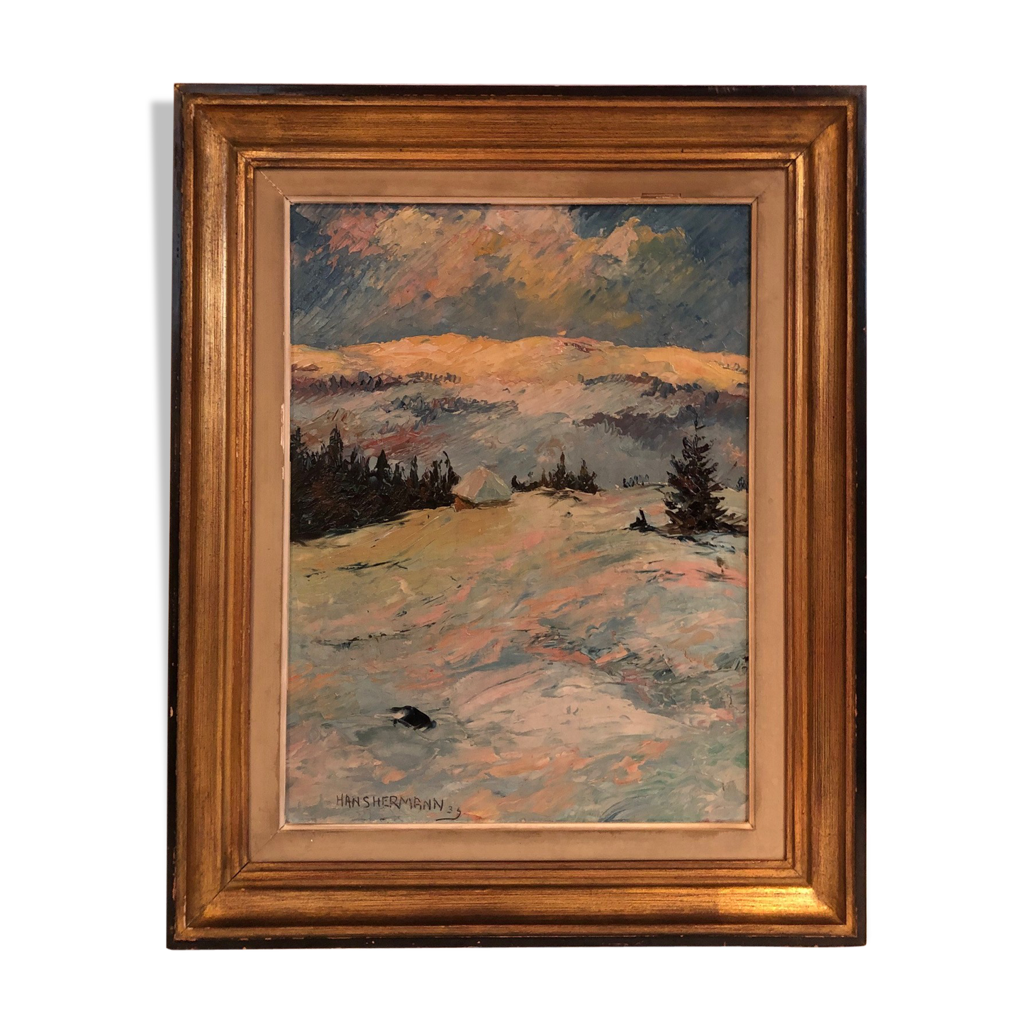 Panel oil by Hans Hermann (1858-1942), "Snowy Landscape", 19th Century