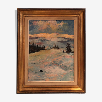 Panel oil by Hans Hermann (1858-1942), "Snowy Landscape", 19th Century